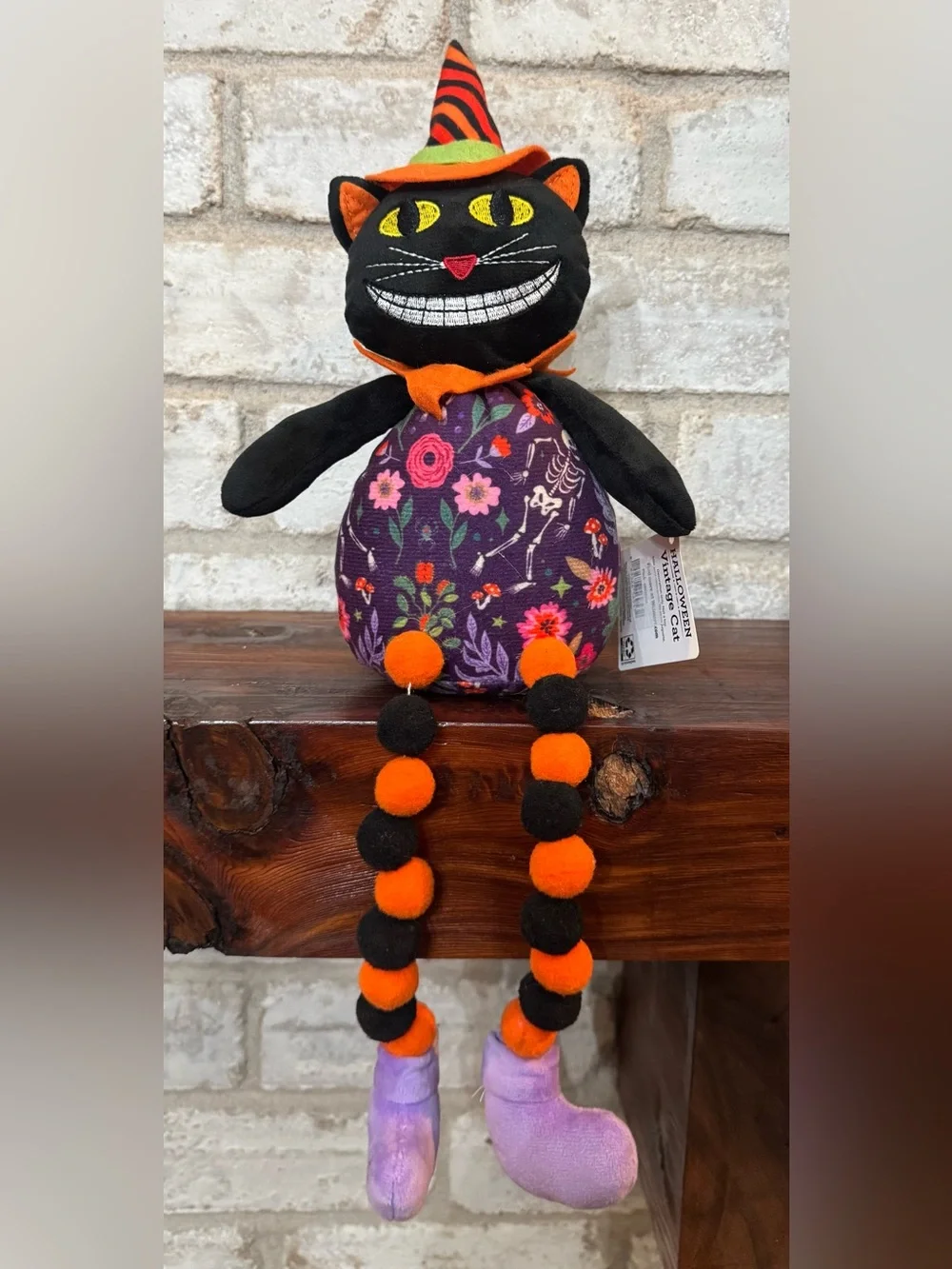 Vintage style Halloween Black Cat Plush Cat Shelf Sitter